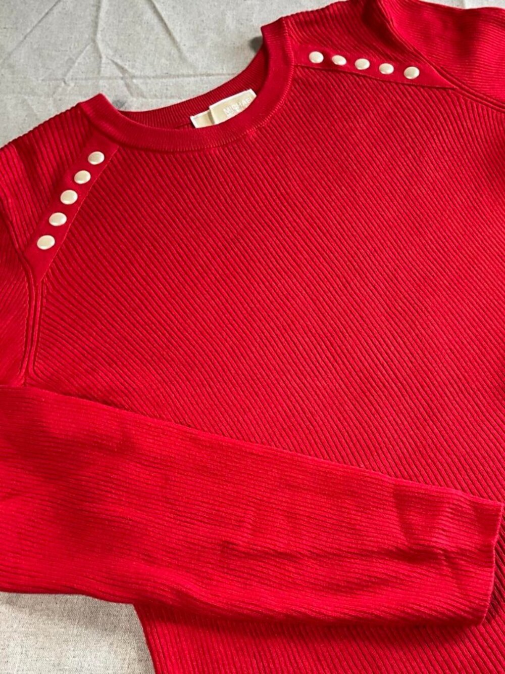 Womens Michael Kors Cream Button Cotton Viscose Ribbed Red Holiday Sweater (XL)